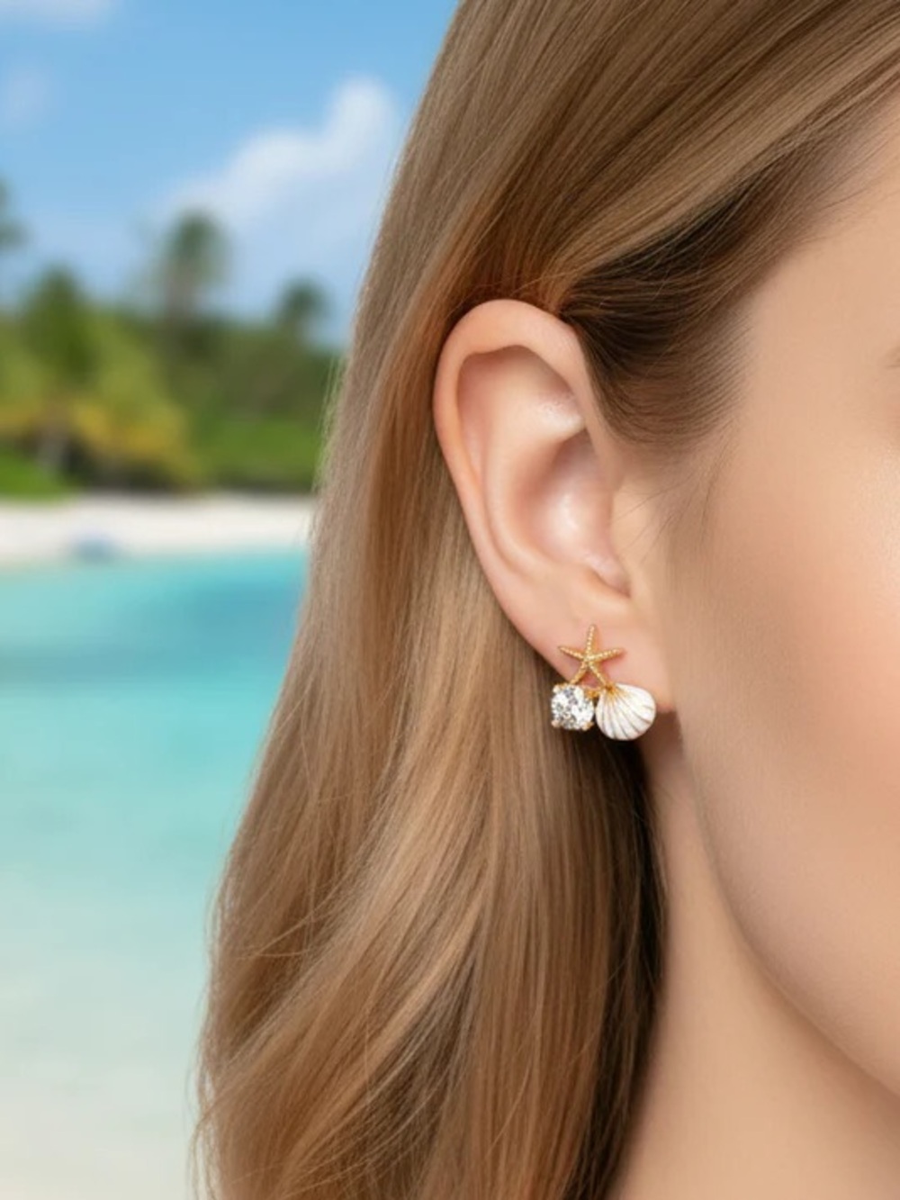 Gold Palm Tree and Seashell Stud Earring Set - White & Gold - Picture 8 of 8